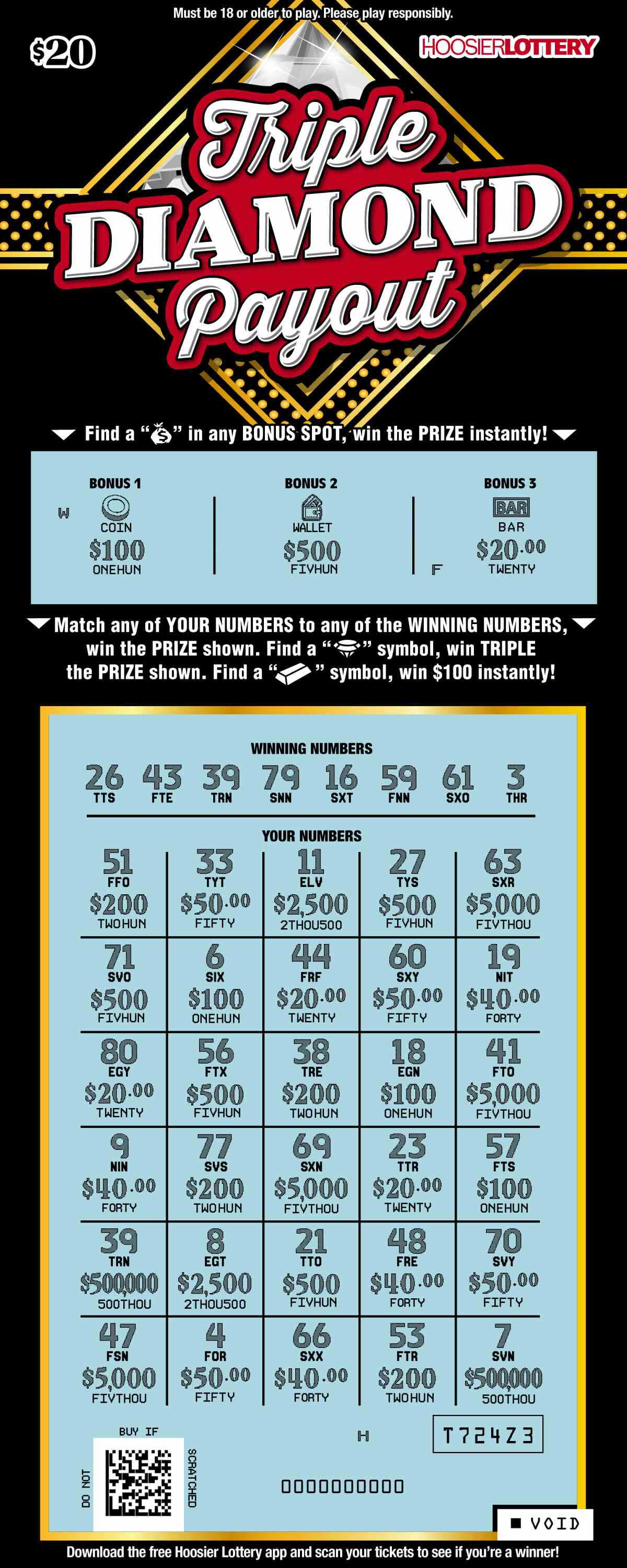 Triple Diamond Payout scratchcard - game number #2506 - front-scratched