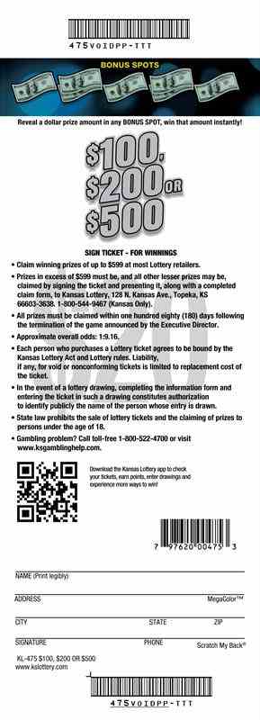 $100, $200 Or $500 scratchcard - game number #475 - back