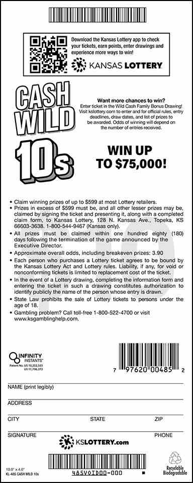 Cash Wild 10S scratchcard - game number #485 - back