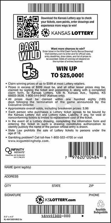 Cash Wild 5S scratchcard - game number #484 - back
