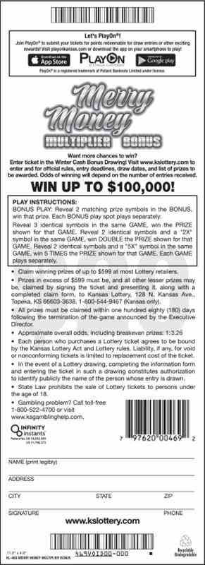 Merry Money Multiplier Bonus scratchcard - game number #469 - back