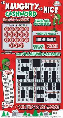 Naughty Or Nice Cashword scratchcard - game number #907 - front