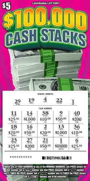 $100,000 Cash Stacks scratchcard - game number #1685 - front-scratched