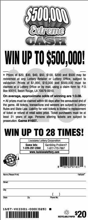 $500,000 Extreme Cash scratchcard - game number #1657 - back