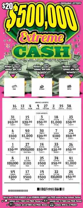 $500,000 Extreme Cash scratchcard - game number #1657 - front-scratched
