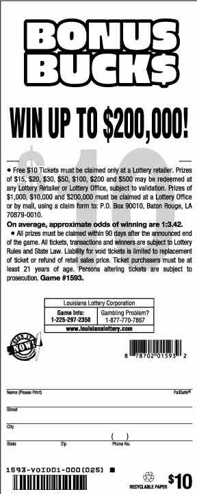 Bonus Buck$ scratchcard - game number #1593 - back