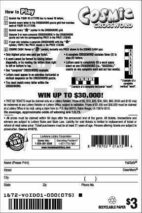 Cosmic Crossword scratchcard - game number #1672 - back
