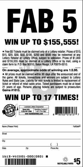 Fab 5 scratchcard - game number #1613 - back