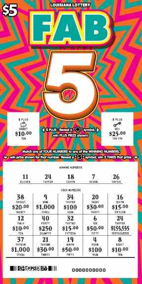 Fab 5 scratchcard - game number #1613 - front-scratched