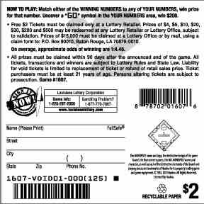 Monopoly scratchcard - game number #1607 - back