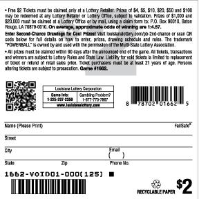 Powerball scratchcard - game number #1662 - back