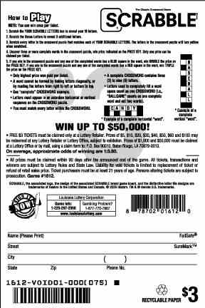 Scrabble Crossword scratchcard - game number #1612 - back