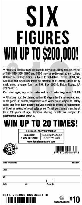 Six Figures scratchcard - game number #1616 - back