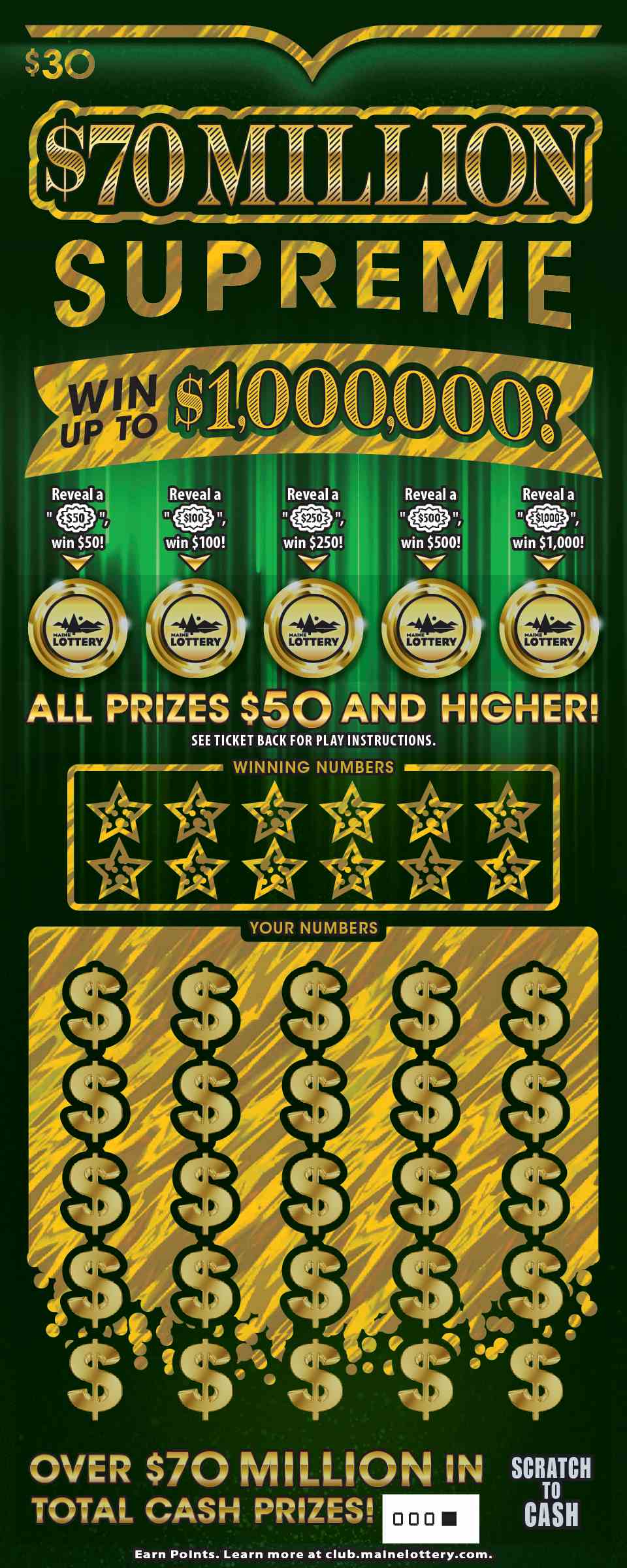$70 Million Supreme scratchcard - game number #0 - front