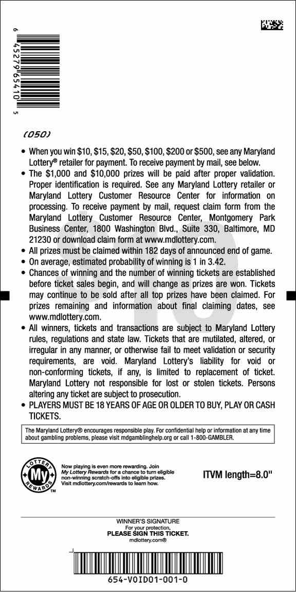 $10,000 Ca$H scratchcard - game number #654 - back
