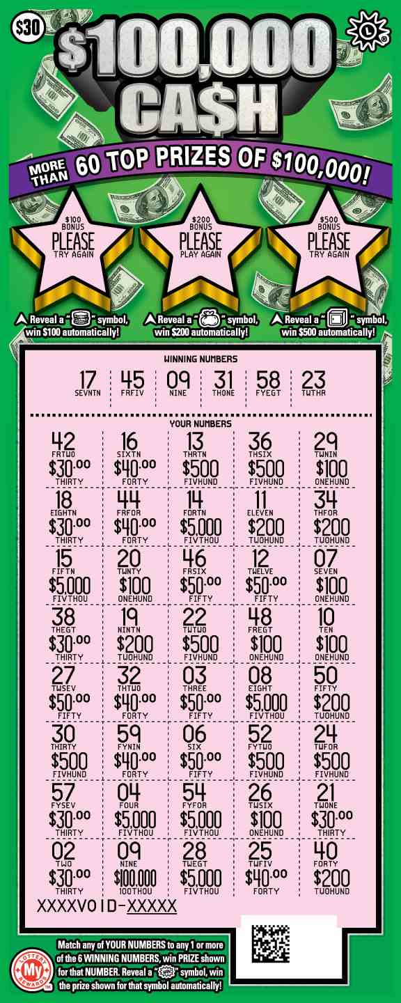 $100,000 Ca$H scratchcard - game number #655 - front-scratched