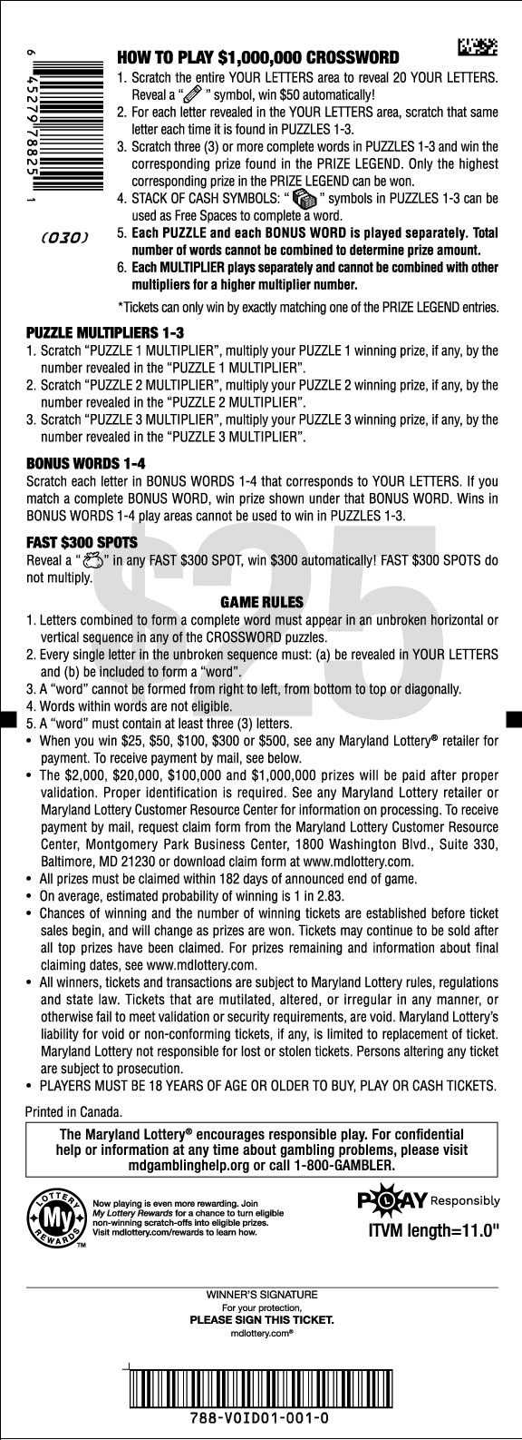 $1,000,000 Crossword scratchcard - game number #788 - back