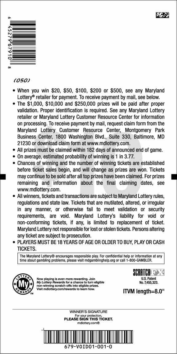 $250,000 Cash Winfall scratchcard - game number #679 - back