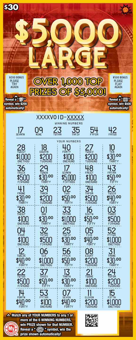 $5,000 Large scratchcard - game number #712 - front-scratched
