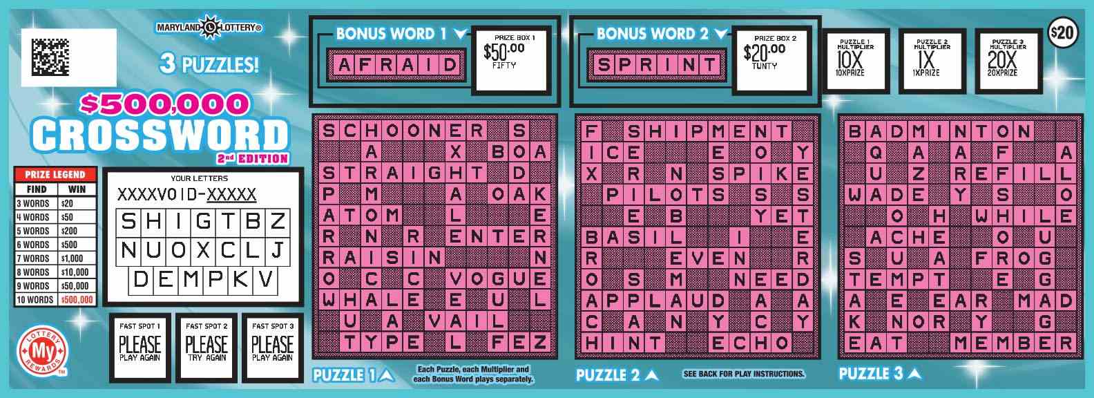 $500,000 Crossword scratchcard - game number #680 - front-scratched