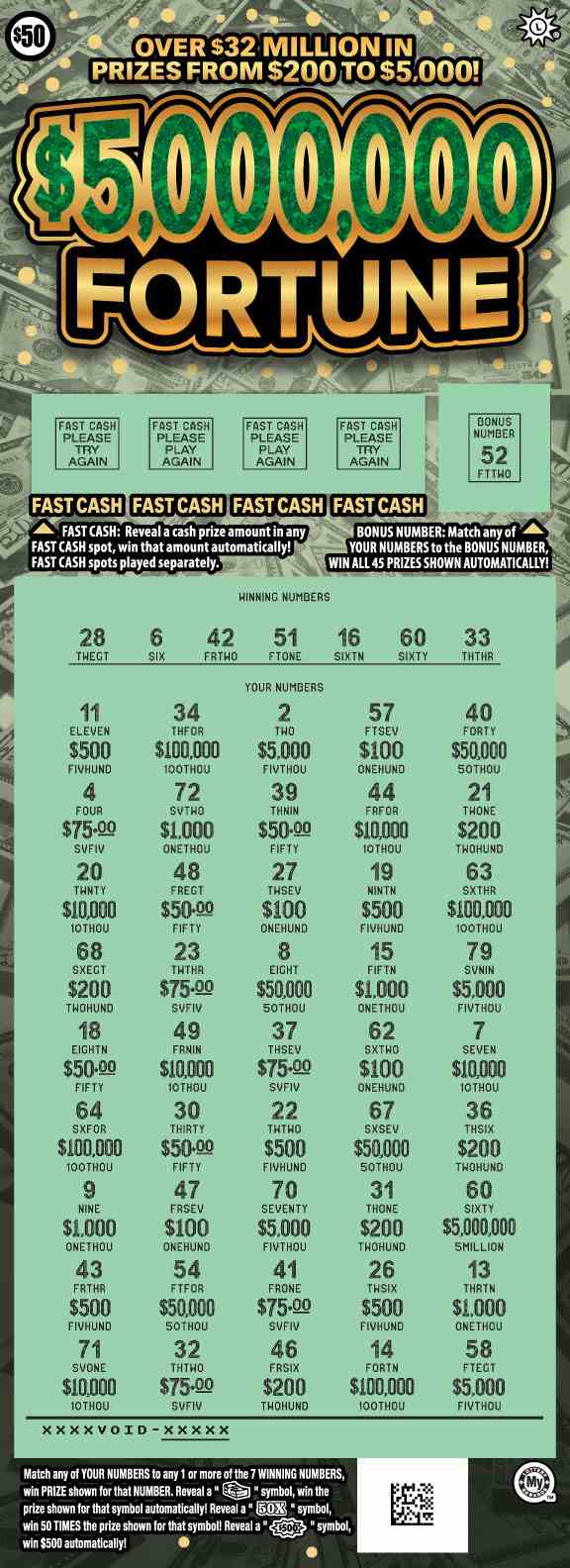 $5,000,000 Fortune scratchcard - game number #734 - front-scratched