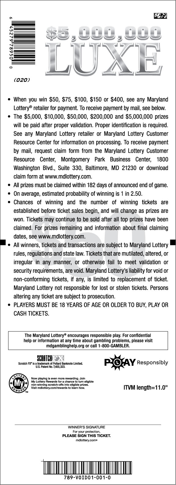 $5,000,000 Luxe scratchcard - game number #789 - back