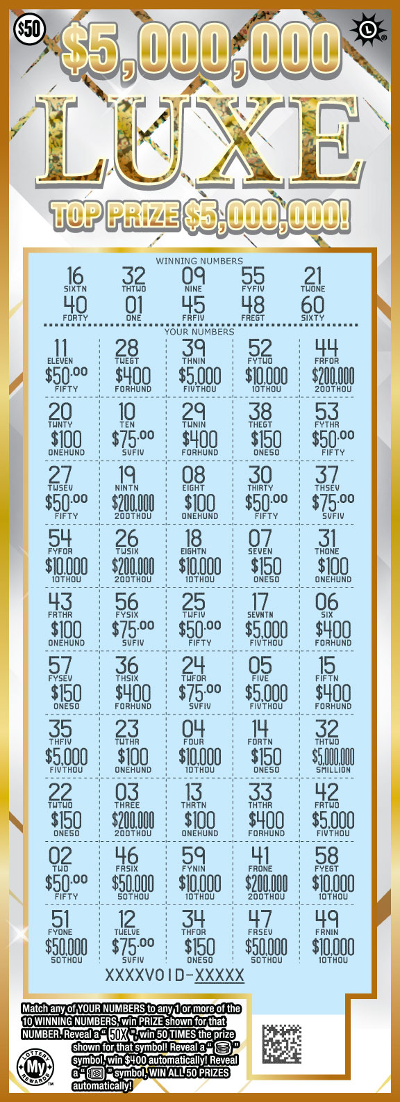 $5,000,000 Luxe scratchcard - game number #789 - front-scratched