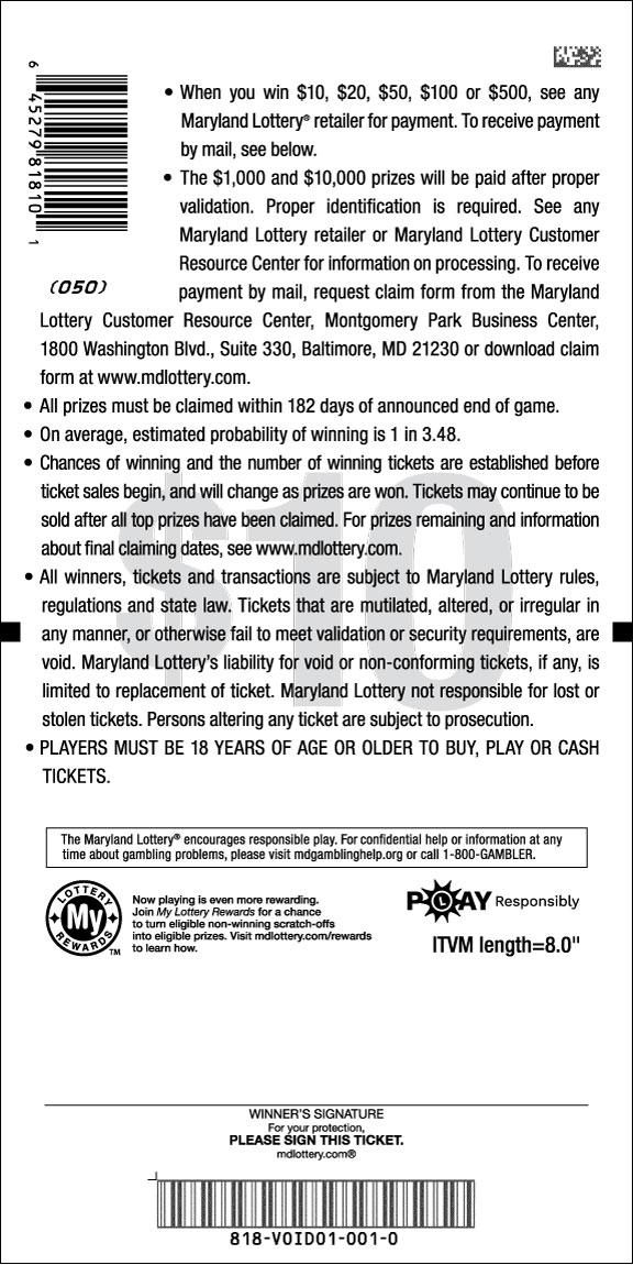10X Cash scratchcard - game number #818 - back