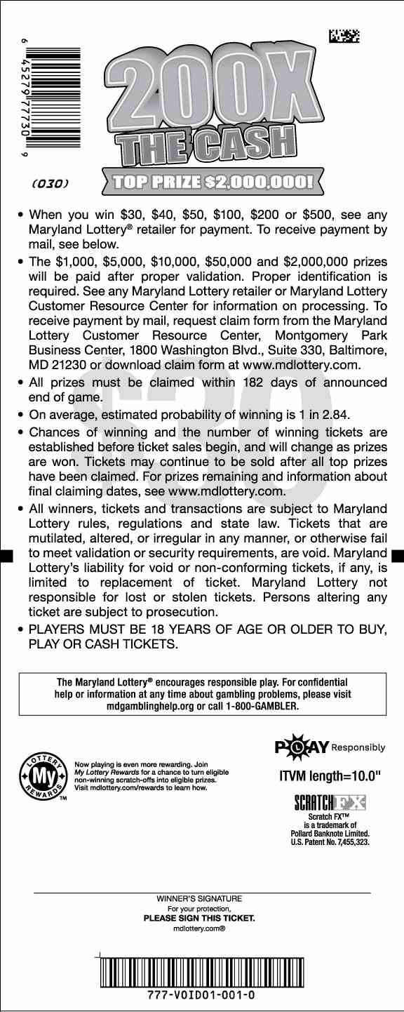 200X The Cash scratchcard - game number #777 - back