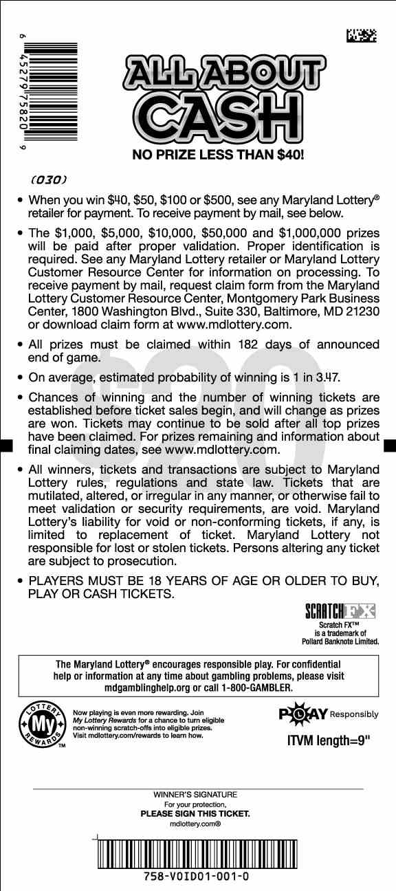 All About Cash scratchcard - game number #758 - back