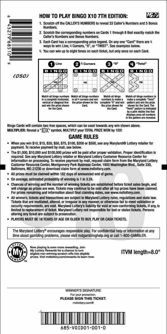 Bingo X10 scratchcard - game number #685 - back