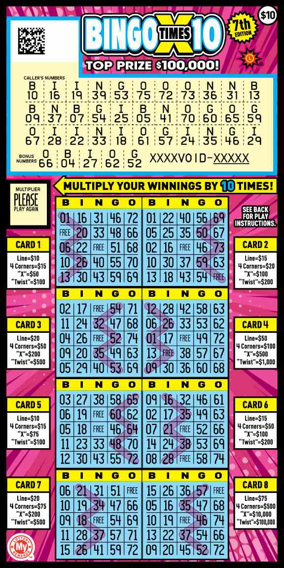 Bingo X10 scratchcard - game number #685 - front-scratched