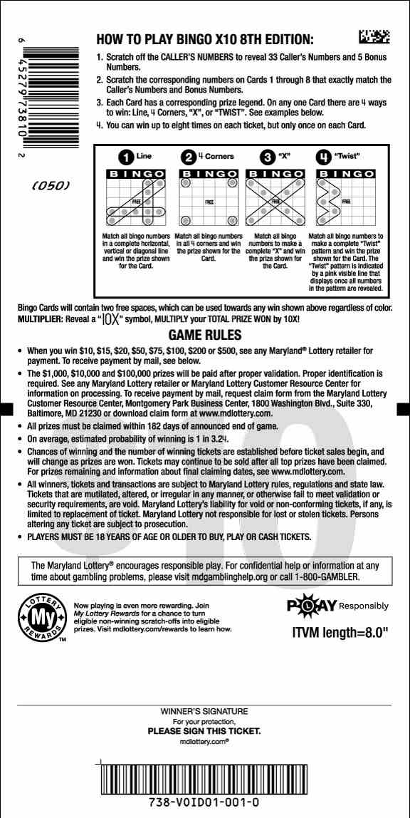 Bingo X10 scratchcard - game number #738 - back