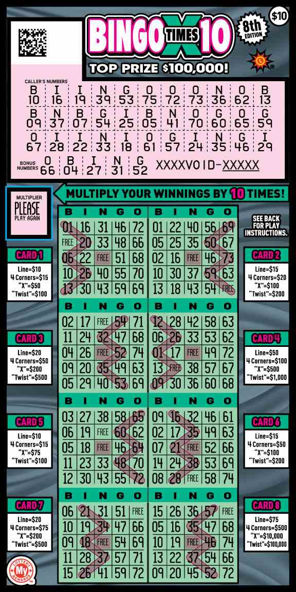 Bingo X10 scratchcard - game number #738 - front-scratched