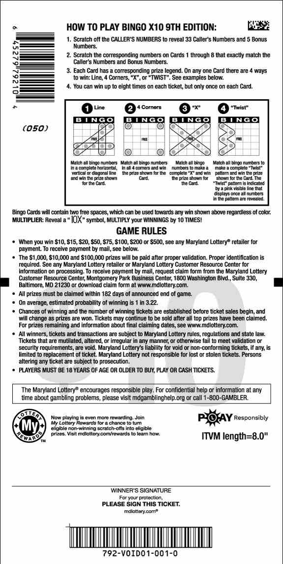 Bingo X10 scratchcard - game number #792 - back