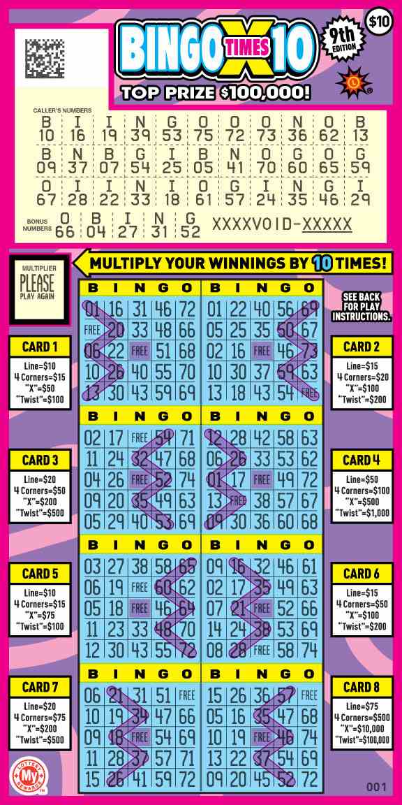 Bingo X10 scratchcard - game number #792 - front-scratched