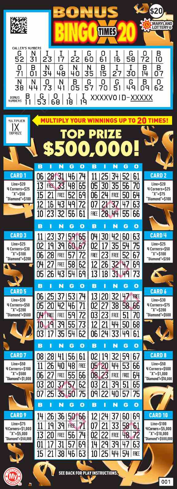 Bonus Bingo X20 scratchcard - game number #499 - front-scratched