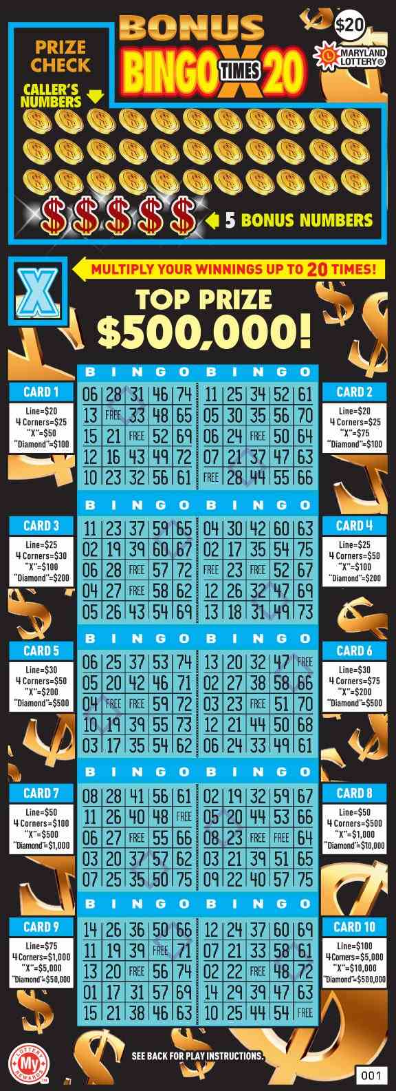 Bonus Bingo X20 scratchcard - game number #499 - front