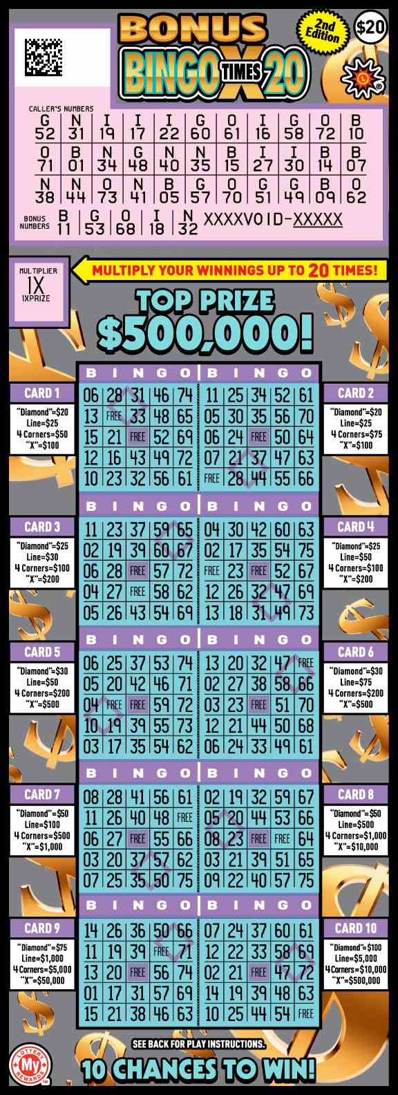Bonus Bingo X20 scratchcard - game number #726 - front-scratched