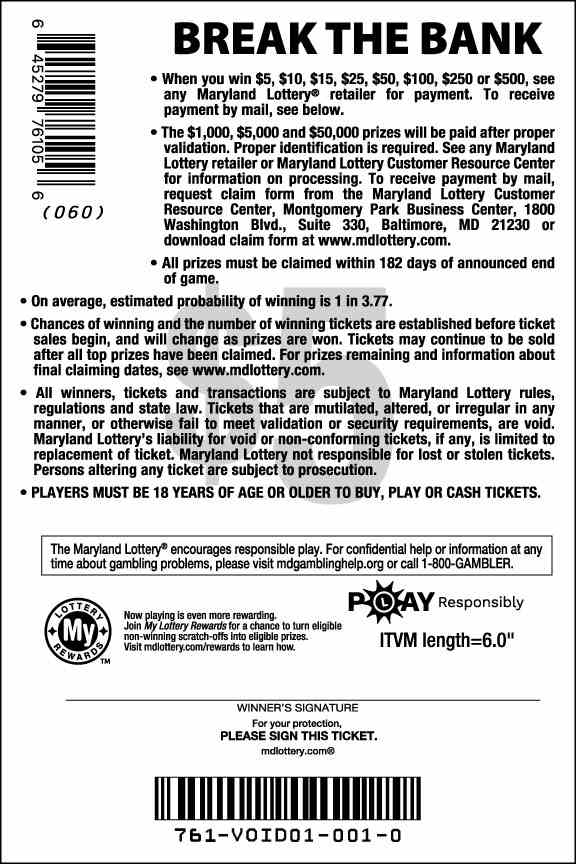 Break The Bank scratchcard - game number #761 - back