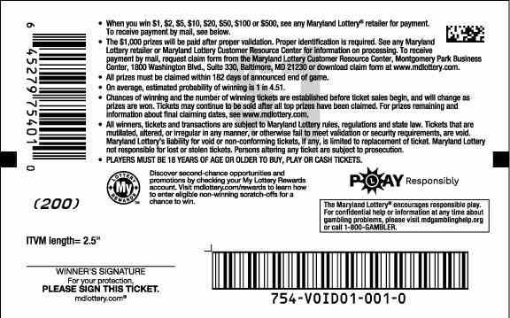 Ca$H scratchcard - game number #754 - back