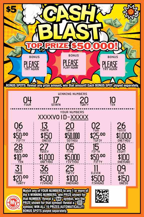 Cash Blast scratchcard - game number #750 - front-scratched