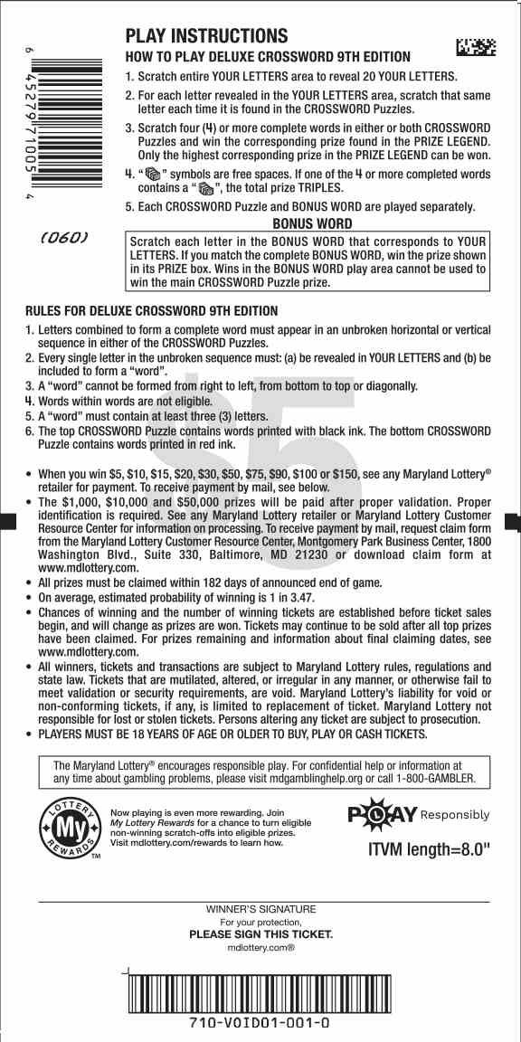 Deluxe Crossword scratchcard - game number #710 - back