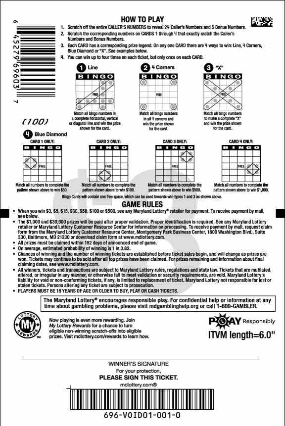 Diamond Bingo scratchcard - game number #696 - back
