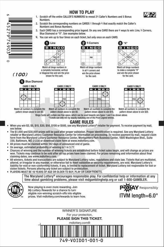 Diamond Bingo scratchcard - game number #749 - back