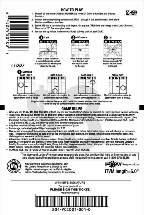 Diamond Bingo scratchcard - game number #804 - back