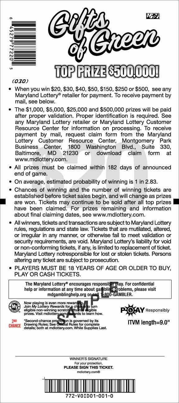 Gifts Of Green scratchcard - game number #772 - back