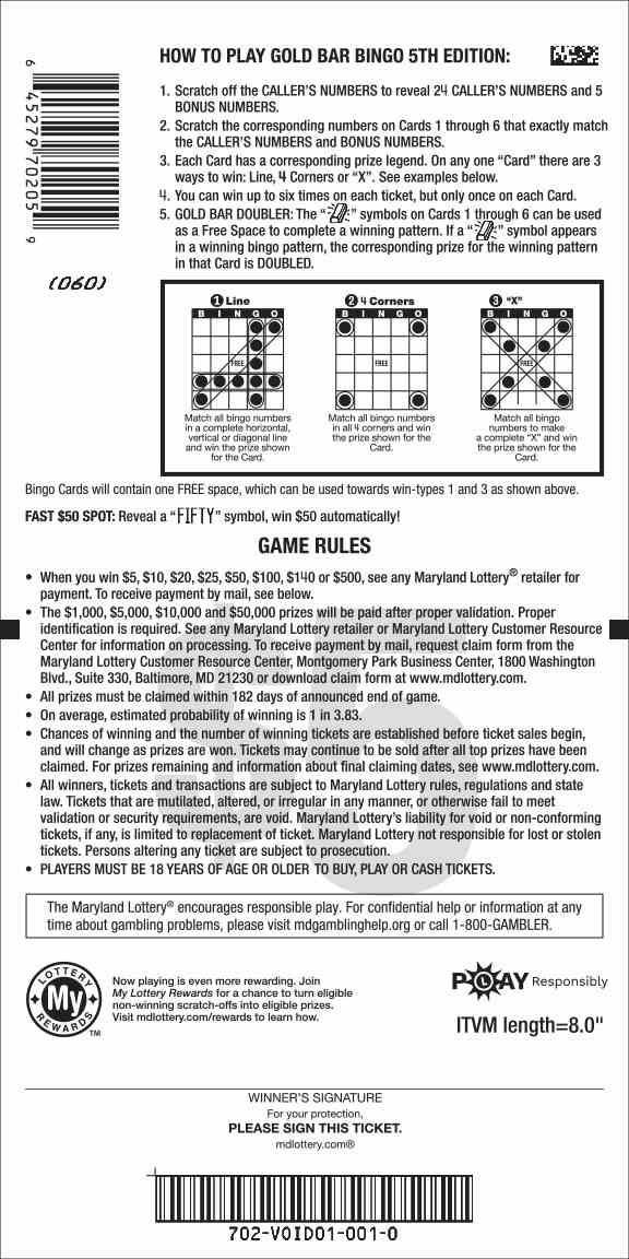 Gold Bar Bingo scratchcard - game number #702 - back