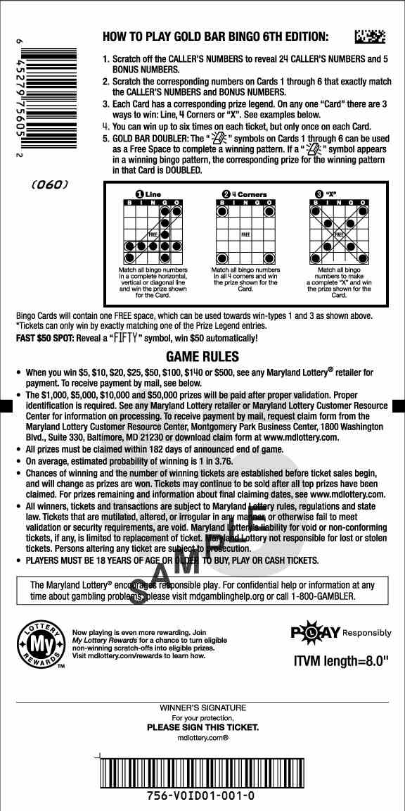 Gold Bar Bingo scratchcard - game number #756 - back