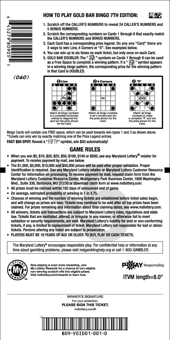 Gold Bar Bingo scratchcard - game number #809 - back